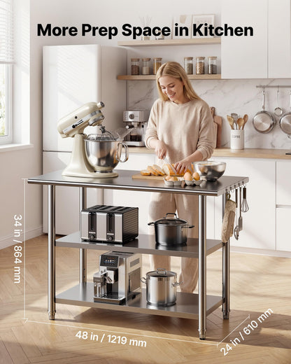 VEVOR Stainless Steel Work Table, 24x48 Inch Food Prep Table with 2 Shelves, Commercial Kitchen Workstation, Metal Heavy Duty Utility Worktable, for Restaurant Home Hotel Garage Outdoor
