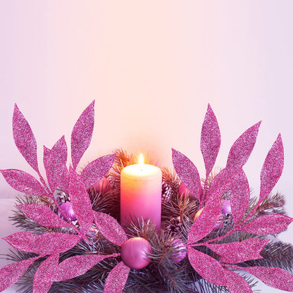 Winlyn 20 Pcs Pink Glitter Bay Leaf Sprays Artificial Christmas Tree Picks Sprays 12.7" Tall for Pink Christmas Tree Wreath Swag Floral Arrangement Winter Wedding Bouquet Centerpiece Decoration