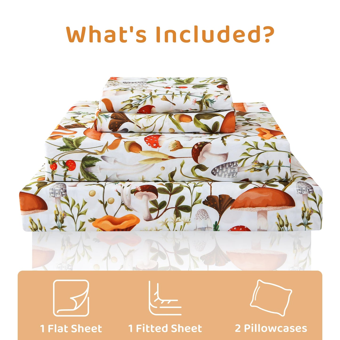 Mooreeke Cozy Vintage Microfiber Printed Queen Sheet Set - Soft & Breathable Percale Mushroom Forest Bed Sheets with Extra Deep Pocket - Non-Slip Fitted Design - Jungle Mushroom Leaves Pattern - Queen