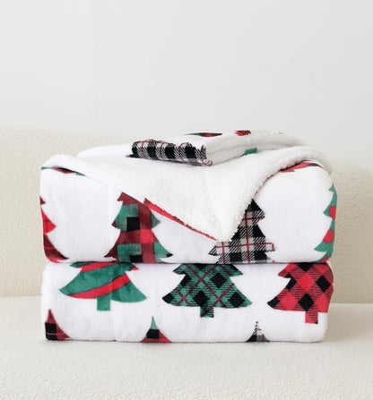 Elegant Comfort Reversible and Ultra-Plush Flannel Fleece-Winter Christmas Sherpa Throw- Lightweight Soft and Cozy-Holiday Decorative Throw, Perfect for Lounging, 50 x 60 inches, Plaid Christmas Tree