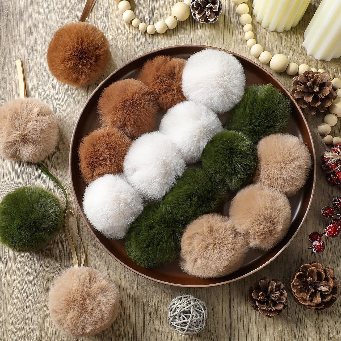 ShinyRelief 48 Pcs 3.1 Inch Neutral Furry Christmas Balls Ornaments Faux Fur Pom Poms Boho Christmas Tree Hanging Decoration for Party Supplies Holiday Office Fireplace Mantel Home Wall Decor