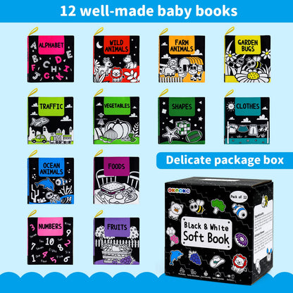 OKOOKO Soft Baby Books Black and White High Contrast 12PCS Soft Cloth Books Bath Books Crinkle Washable Non-Toxic Early Education Preschool Learning Toy for Newborns Babies Infants Toddlers Kids