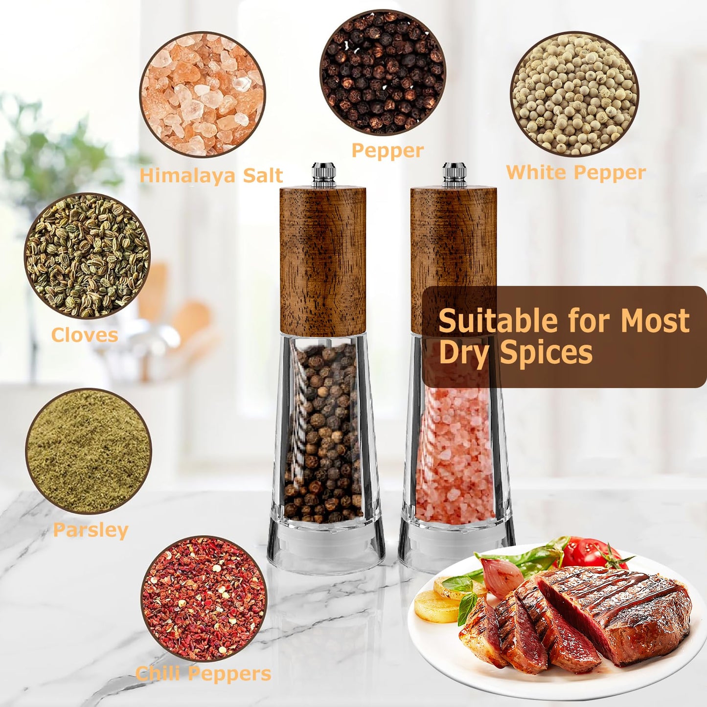 Salt and Pepper Grinder Set, Acrylic Pepper Mill with Adjustable Coarseness Wooden Pepper Grinder, Manual Salt Shake Refillable for Kitchen, Pack of 2 (Light Wood)