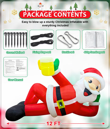 EAONE 12FT Christmas Inflatable Outdoor Decoration, Christmas Blow Ups Yard Decorations Giant Inflatable Santa Claus Lying Flat with Built-in LED Lights for Yard, Garden, Lawn, Home Xmas Holiday Decor