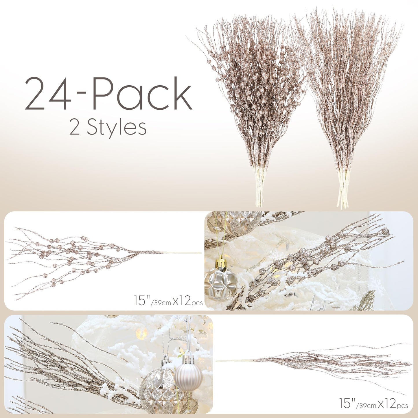 Sea Team 24-Pack Artificial Glitter Berry Stem Ornaments, Decorative Bead Sticks, Glittery Twigs, Picks, Branches for Christmas Tree, Small Vase, Holiday, Wedding, Party (15 Inches, Champagne)