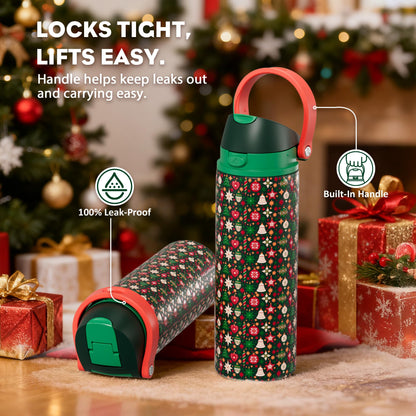 POWCAN 24 oz Christmas Insulated Water Bottle: 2-in-1 Push-Button Spout & Quick-Flip Straw, Leakproof, Fits in Car Cupholder, Stainless Steel Water Bottle for Holiday Gift, Sports, School (Jingle Joy)