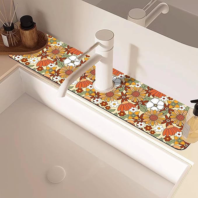 70s Retro Orange Floral Kitchen Sink Splash Guard Mat Absorbent Fast Drying Mat