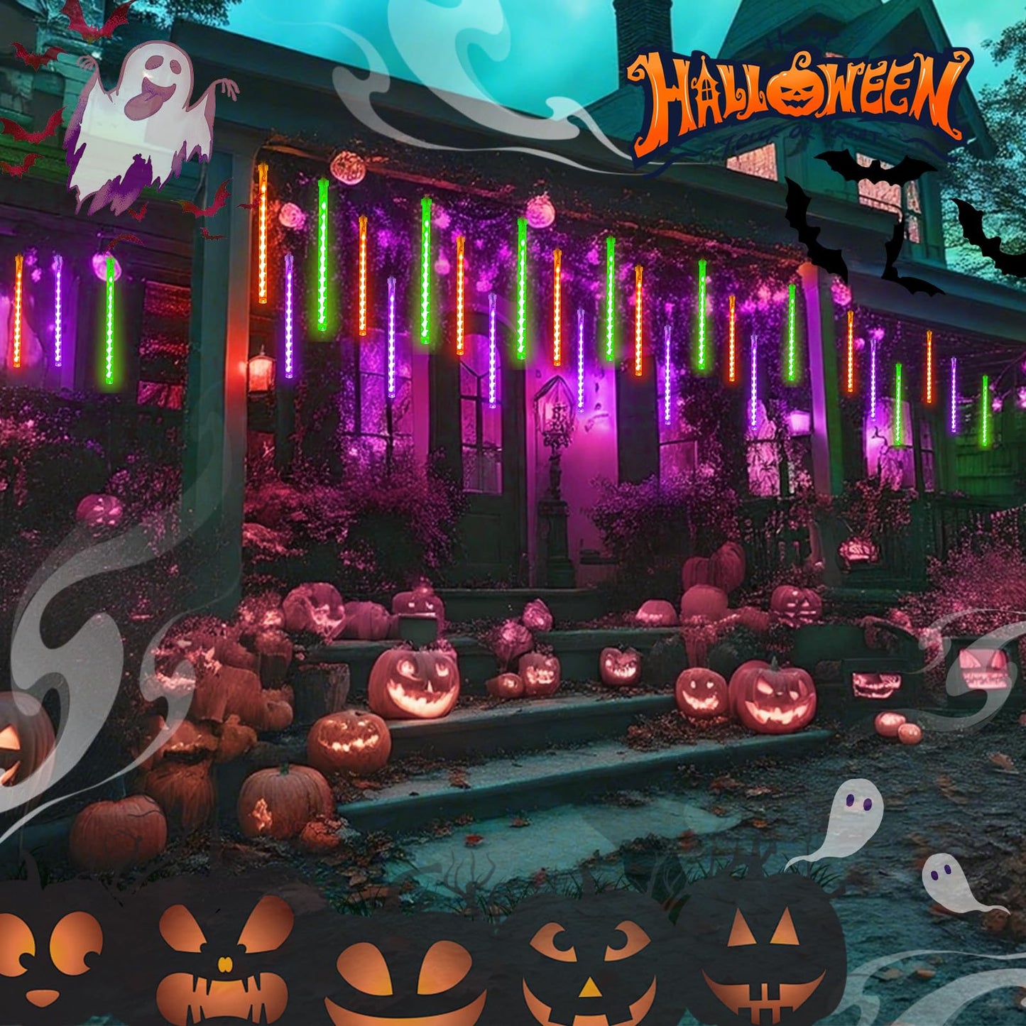 Outdoor Halloween Lights, 2 Pack Extendable Meteor Shower Lights Outdoor Waterproof with Timer, Total 432LED 18 Tubes Cascading String Light Plug in for Garden Halloween Yard (Orange Purple and Green)
