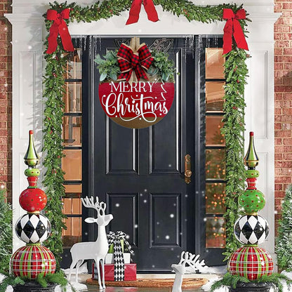 Merry Christmas Wreath Hanging Sign for Front Door, Wooden Welcome Wreaths Sign with Bow for Holiday Rustic Farmhouse Outdoor Wall Window Decor (Merry Christmas)