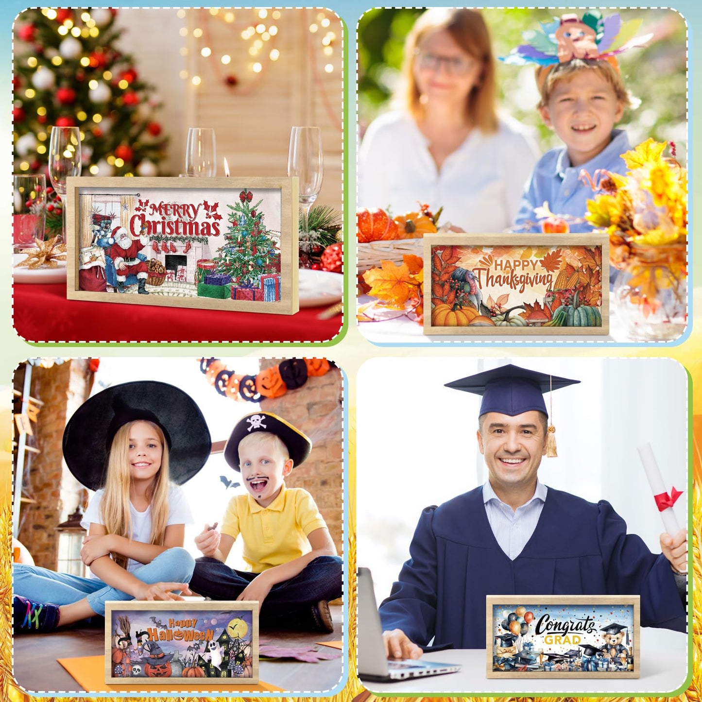 RattanView 25 Pcs 9.7 x 4.8" Interchangeable Seasonal Decor Holiday Sign Wooden Desk Table Decor Interchangeable Welcome Sign with Wooden Frame Wreaths for 4th of July Office Home Rustic Tiered Tray