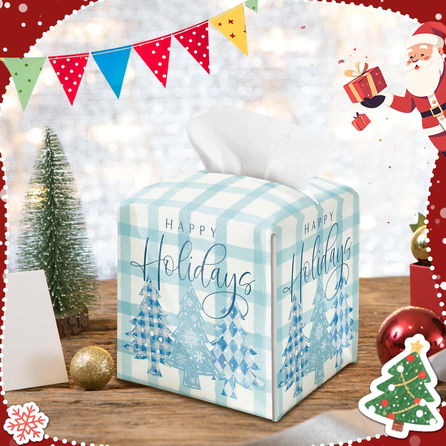 Christmas Box Cover Square, Blue Checkered Christmas Tree Decorative Tissue Box Holder, Waterproof Leather Tissues Boxes Dispenser for Bathroom, Bedroom Nightstand, Office, Car Home Decor