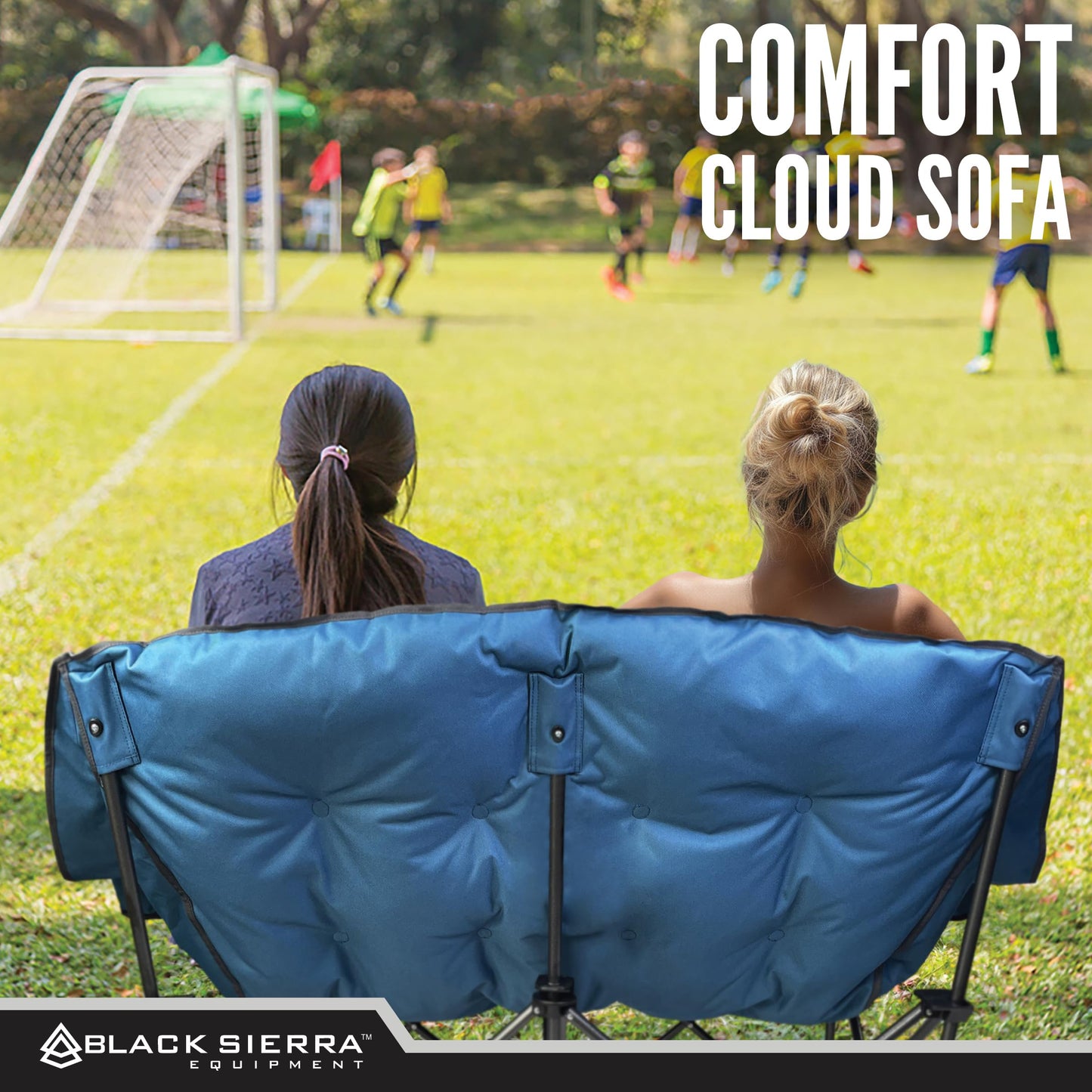 Black Sierra Double Loveseat Comfort Camping Couch, Oversized Folding Chair for Adults, 600‑lb Capacity, Plush Padded Heavy Duty Outdoor Seat with Cup Holders & Carry Bag for Beach, RV