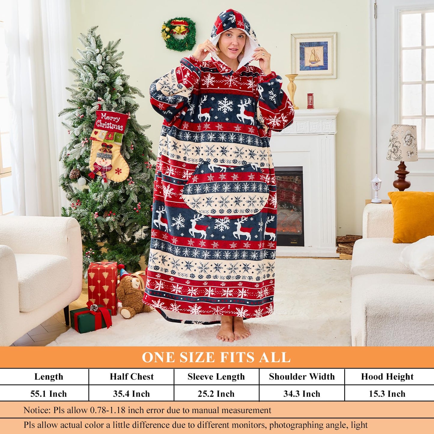 Moinlizy Wearable Blanket Hoodie, Long Thick Hooded Blanket Oversized for Adults Women Men with Pocket and Sleeves, Christmas Red Xmas Deer