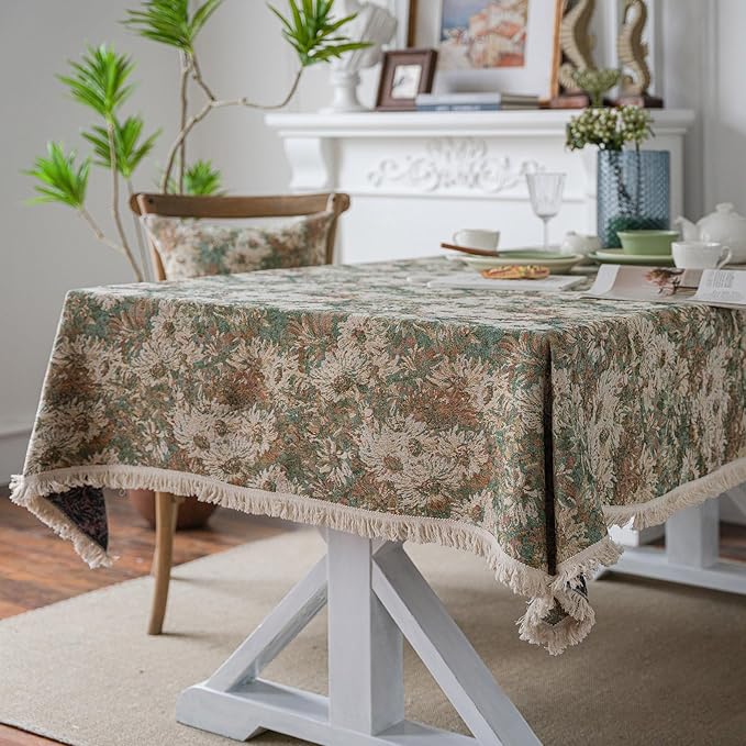 Aesthetic Green and Beige Floral Table Cloth, Linen Texture Table Cloth