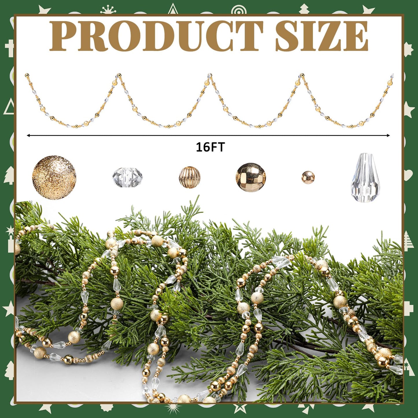 Highergo 16ft Christmas Tree Bead Garland Retro Bead Garland Candy Christmas for Tree Party Supplies Staircase Fireplace Hanging Ornaments (Gold,Ornaments)