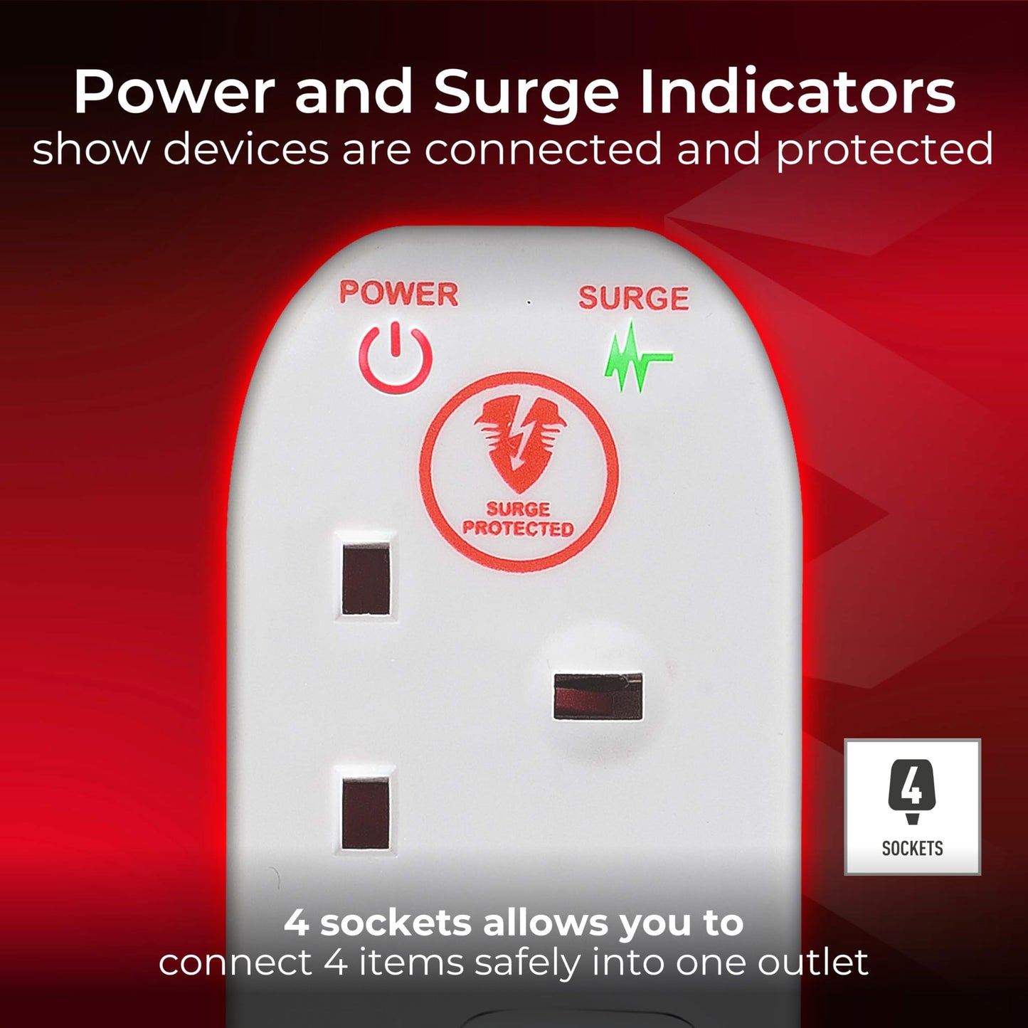 Masterplug Four Socket Extension Lead, Surge Protection, Individual Switches, Power and Surge LED Indicators, 2 Metre Cable, 4-Way Plug Extension Cable, Power Strip, White, 13A, 4G, 2m, SWSRG4210N