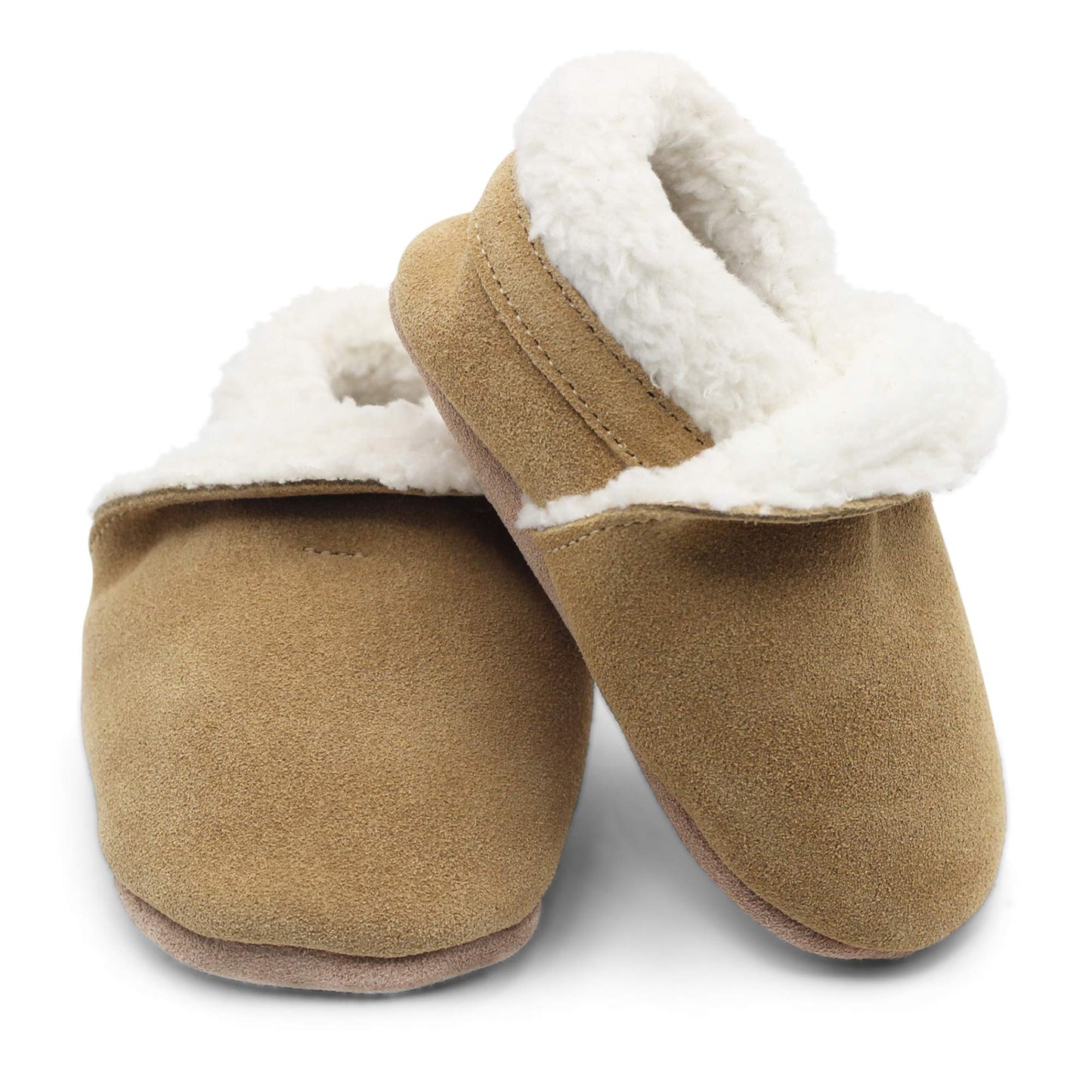 Dotty Fish Baby & Kids Suede Barefoot Slippers – Boys & Girls, 5 Styles, Non-Slip Soft Soles, Warm Fleece-Lined House Shoes, Elasticated Ankles, Podiatry Approved – Light Brown Tan 18-24 Months
