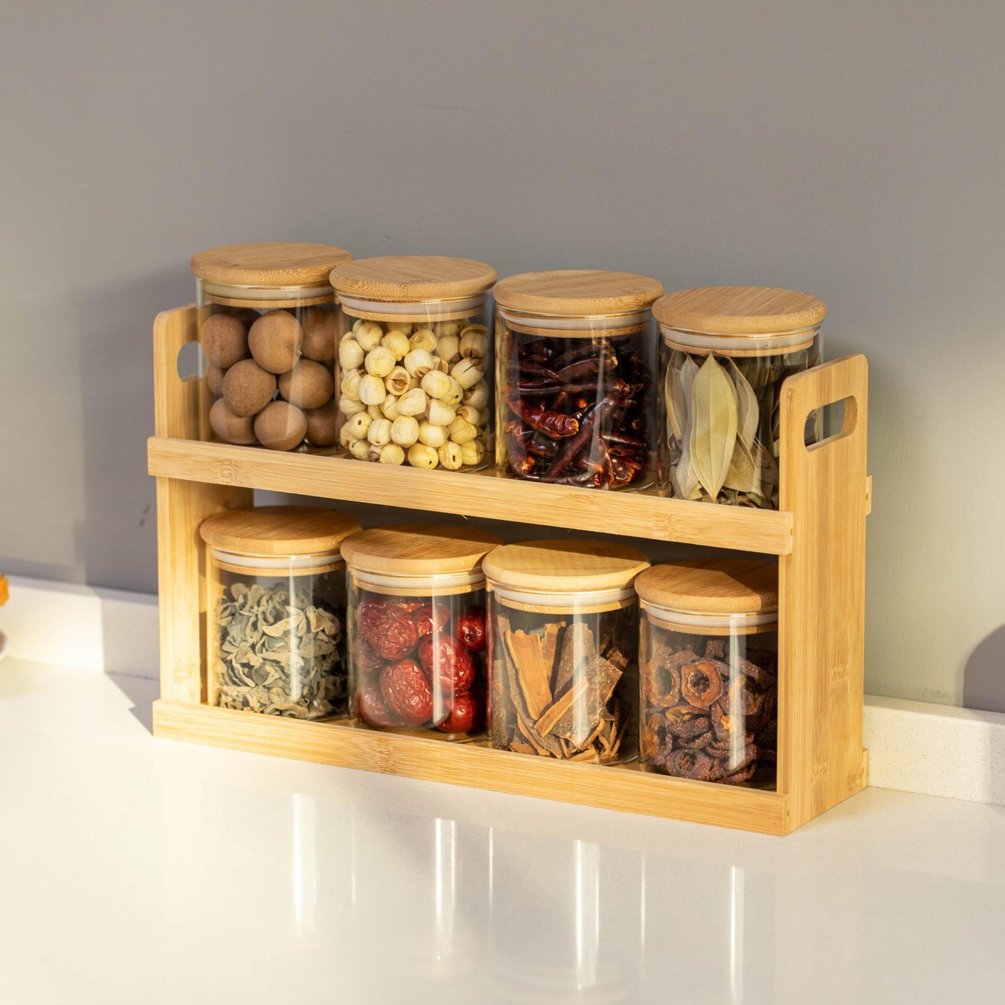 Basicwise Versatile 2-Tier Bamboo Spice Rack and Pantry Organizer with 8 Glass Jars – Perfect for Countertop Storage in Kitchens to Keep Seasoning Containers Neatly Displayed and Easily Accessible