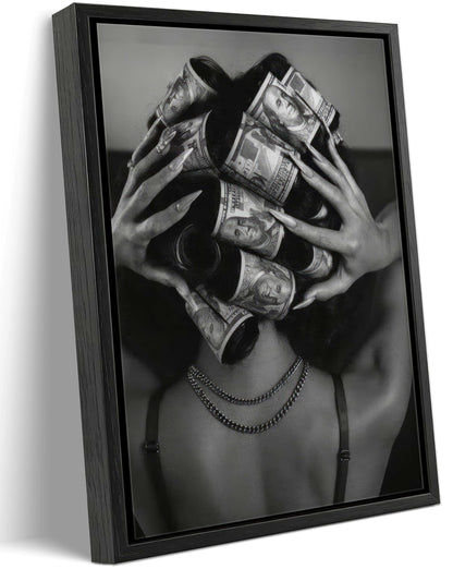 Framed Black and White Fashion Canvas Wall Art Luxury Feminist Picture Wall Decor Trendy Woman with Money on Head Poster Print for Girls Bedroom Apartment Dorm Bar Cart Home Decoration 12x16in