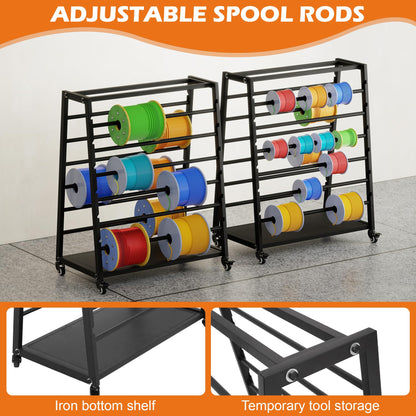 Wire Spool Rack, Cable Dispenser Cart with Wheels, Multi-Electrical Wire Rack, 12 Rods Adjustable Cable Reel Holder, Heavy Duty Wire Spool Holder, Automotive Wiring Storage Stand