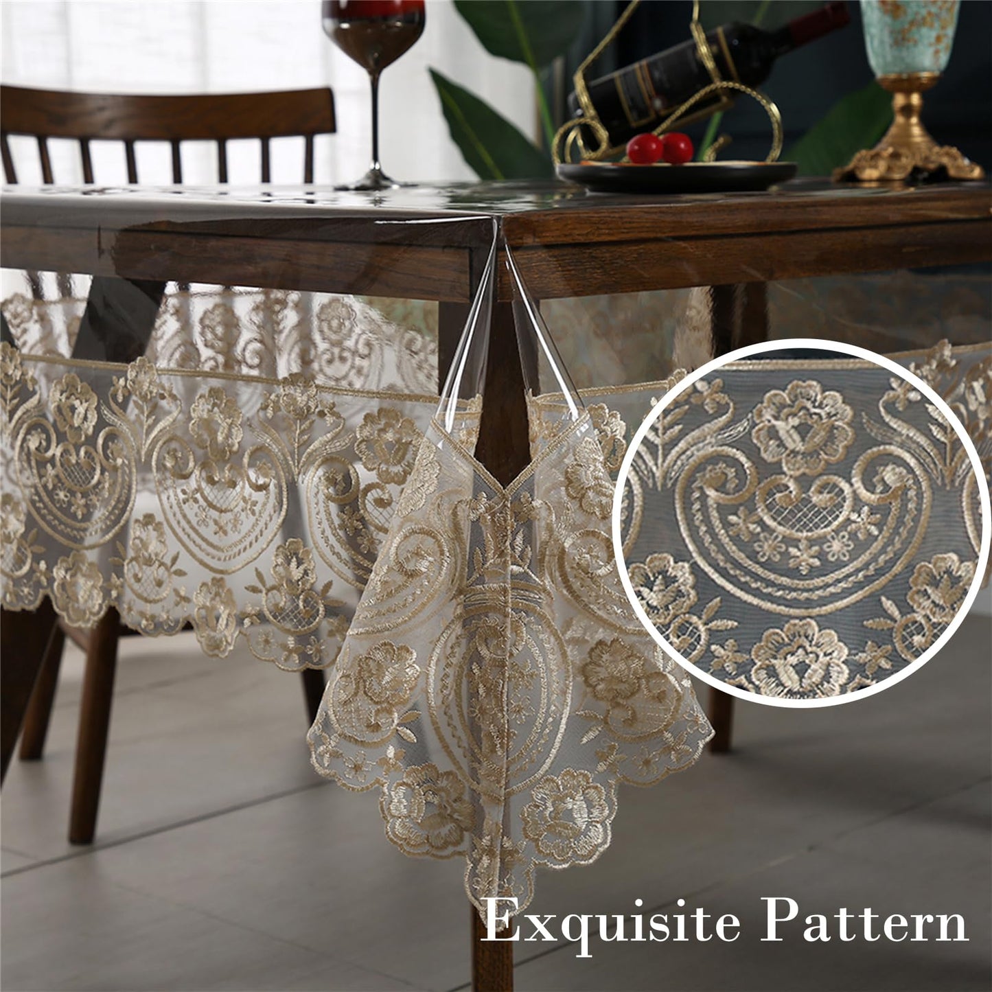 Clear Plastic Rectangle Tablecloth Vinyl Waterproof Table Cloth Embroidered Lace Edge Transparent Table Cover for Dining Kitchen Outdoor(60 x 86 inch, Coffee Style 1)