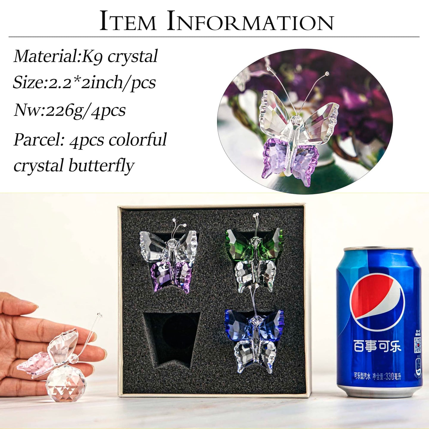H&D HYALINE & DORA Set 8pcs Crystal Flying Butterfly with Ball Base Figurine Cut Glass Ornament Statue Animal Figurine Collection Home Wedding Office Table Decorations