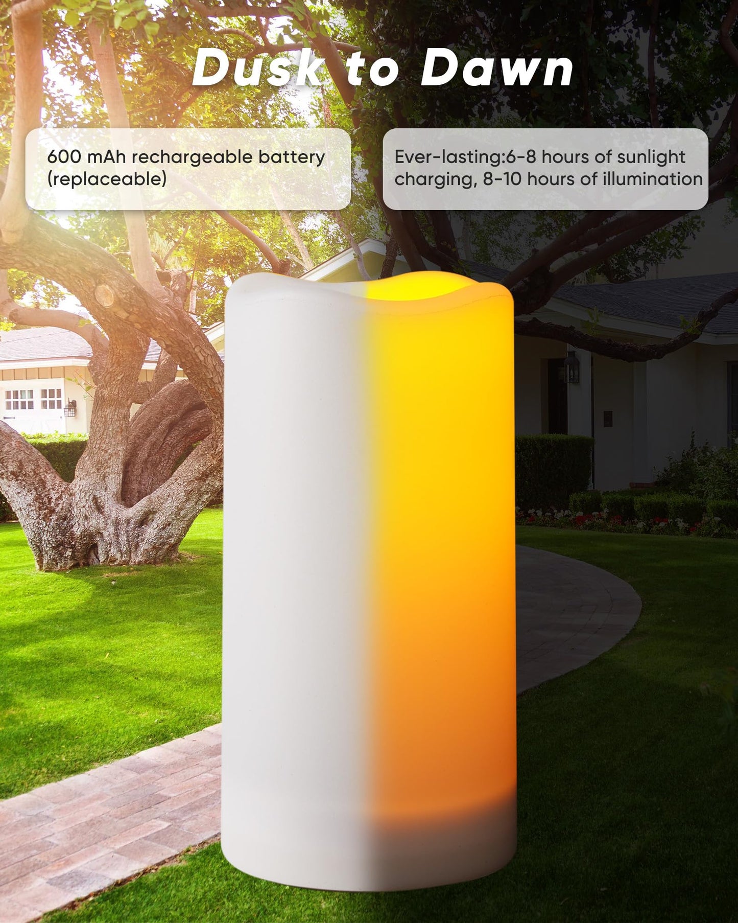 Homemory Solar Candles Outdoor Waterproof, 3"x6" Rechargeable Solar Powered Lights, Solar Powered Flameless Candles for Outdoor, Lanterns, Sensor Only, Dusk to Dawn, Set of 2