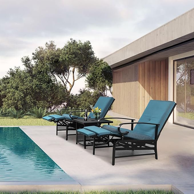 Oakcloud Adjustable Outdoor Lounge Chair Metal Patio Relaxing Recliner Chair with Removable Cushions(Peacock Blue)