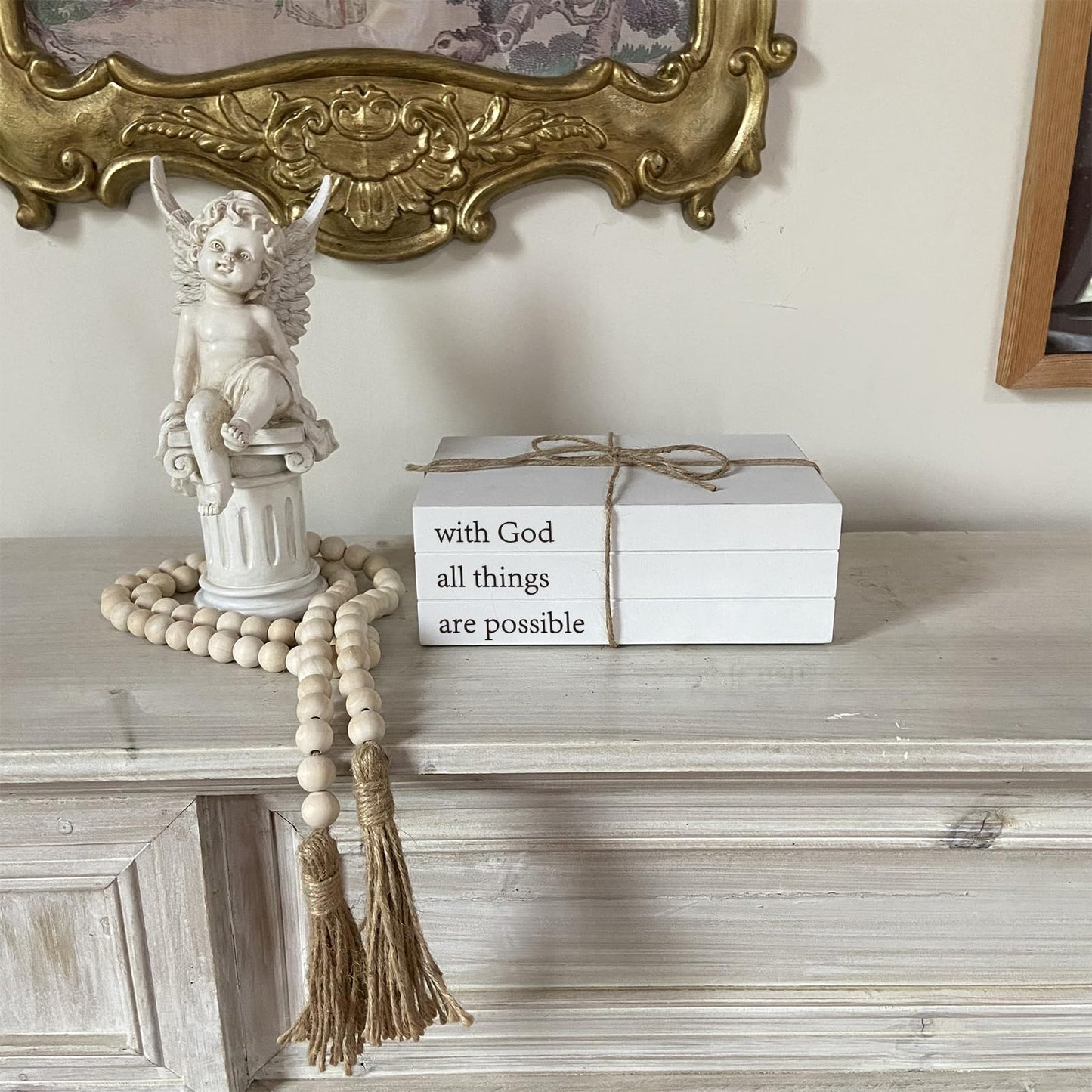 Decorative Books for Home Decor, White Faux Books for Decoration, Rustic Farmhouse Stacked Display Books (with God All Things are Possible)