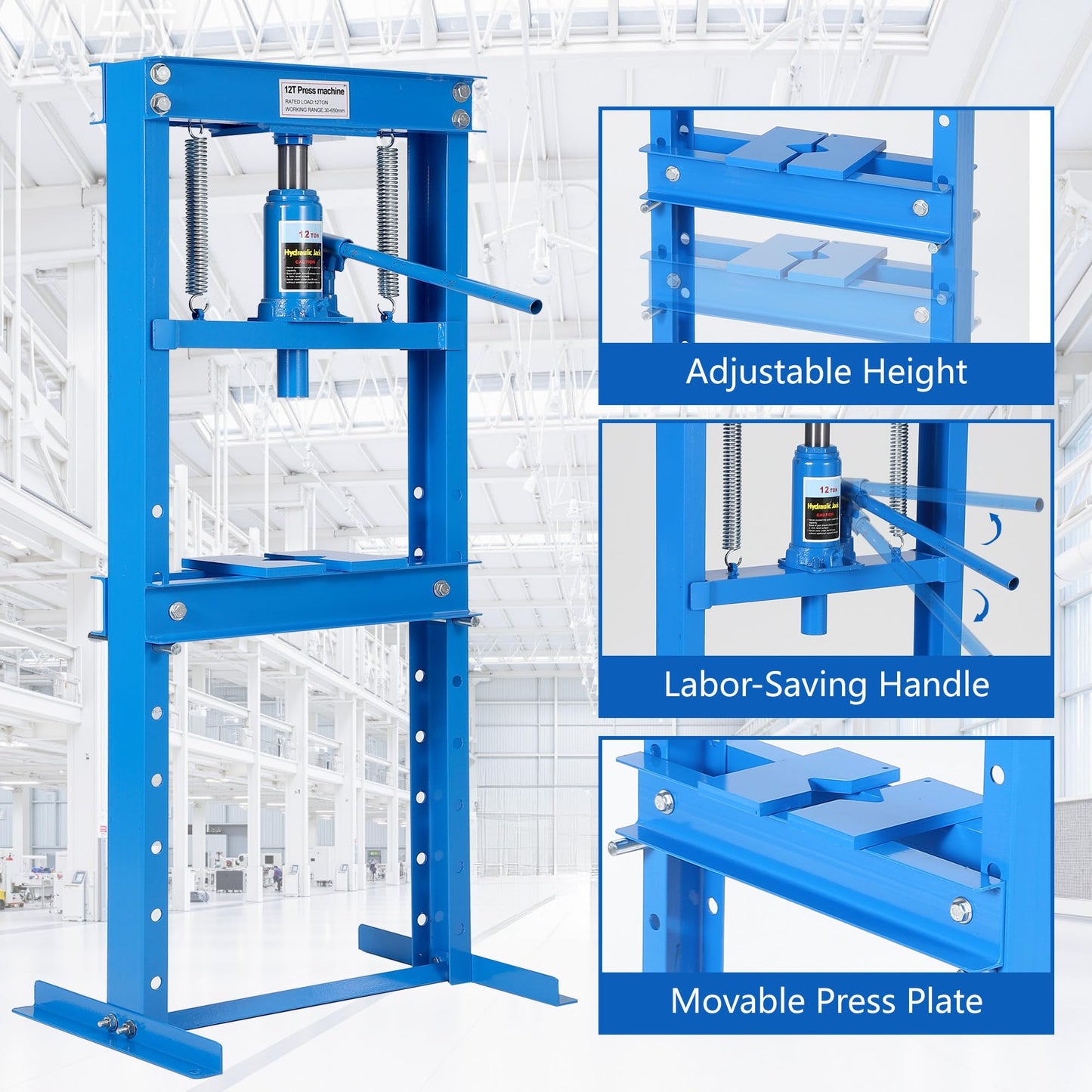 Garvee 12 Ton Hydraulic H-Frame Shop Press with Adjustable Table and Stamping Plates for Auto Repair Garage, Blue