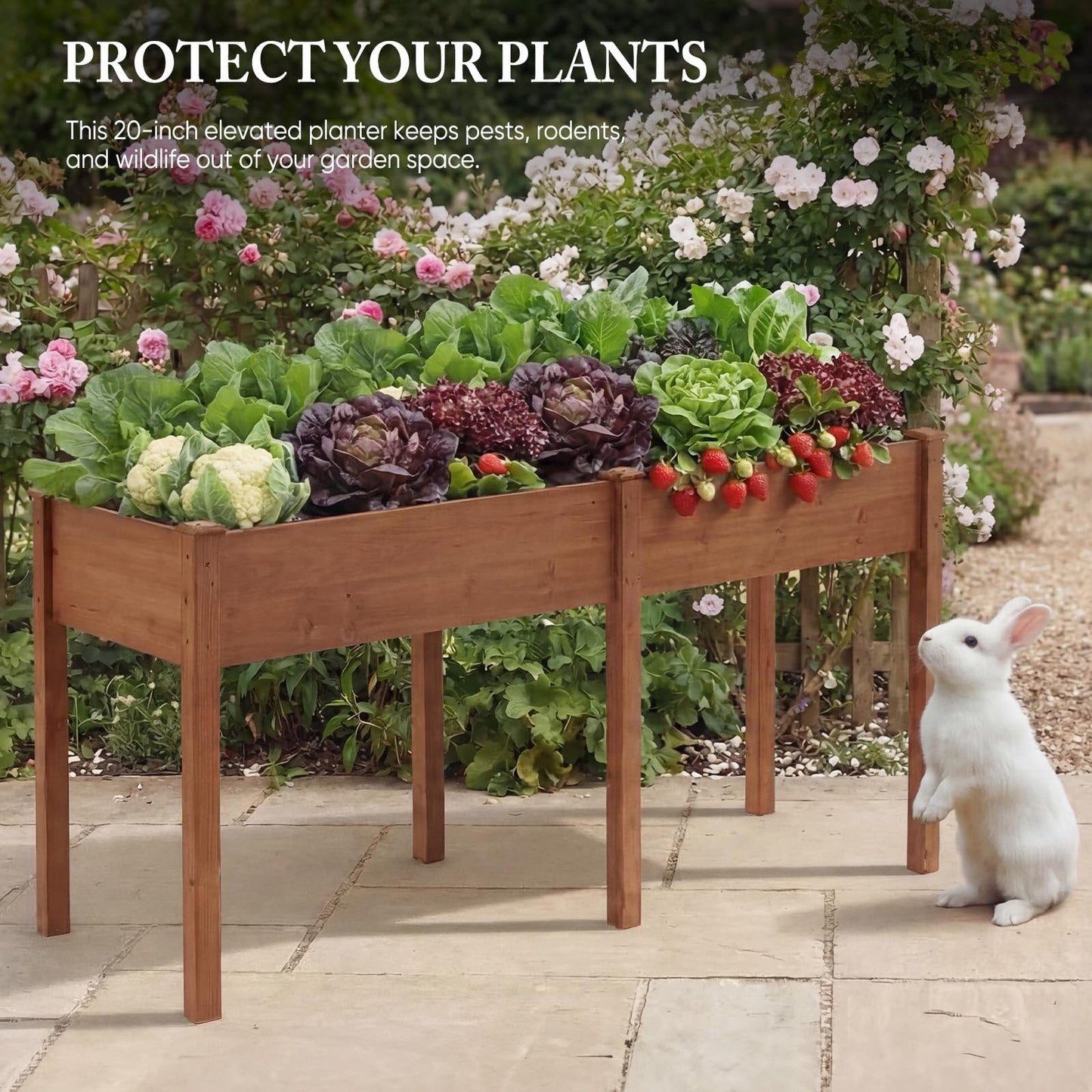 DUMOS Raised Garden Bed with Legs, 72x23x30 Inch Planter Box Outdoor with Liner for Herbs Flowers Vegetables, Elevated Wooden Garden Bed for Patio, Balcony and Backyard, Brown