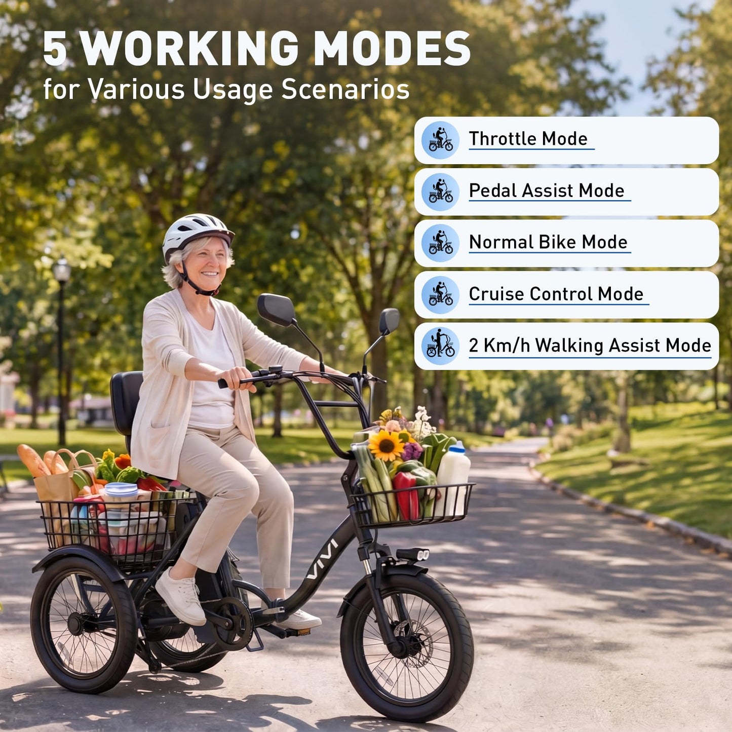 Vivi FatGo1 E Trike Electric Bike, Peak 750W Motor Folding Trike 18X3.0 Fat Tire Ebike, 648Wh Removable Battery, Step-Thru 3 Wheel Electric Bicycle, Up to 40 Miles, Tricycle for Adults with Basket