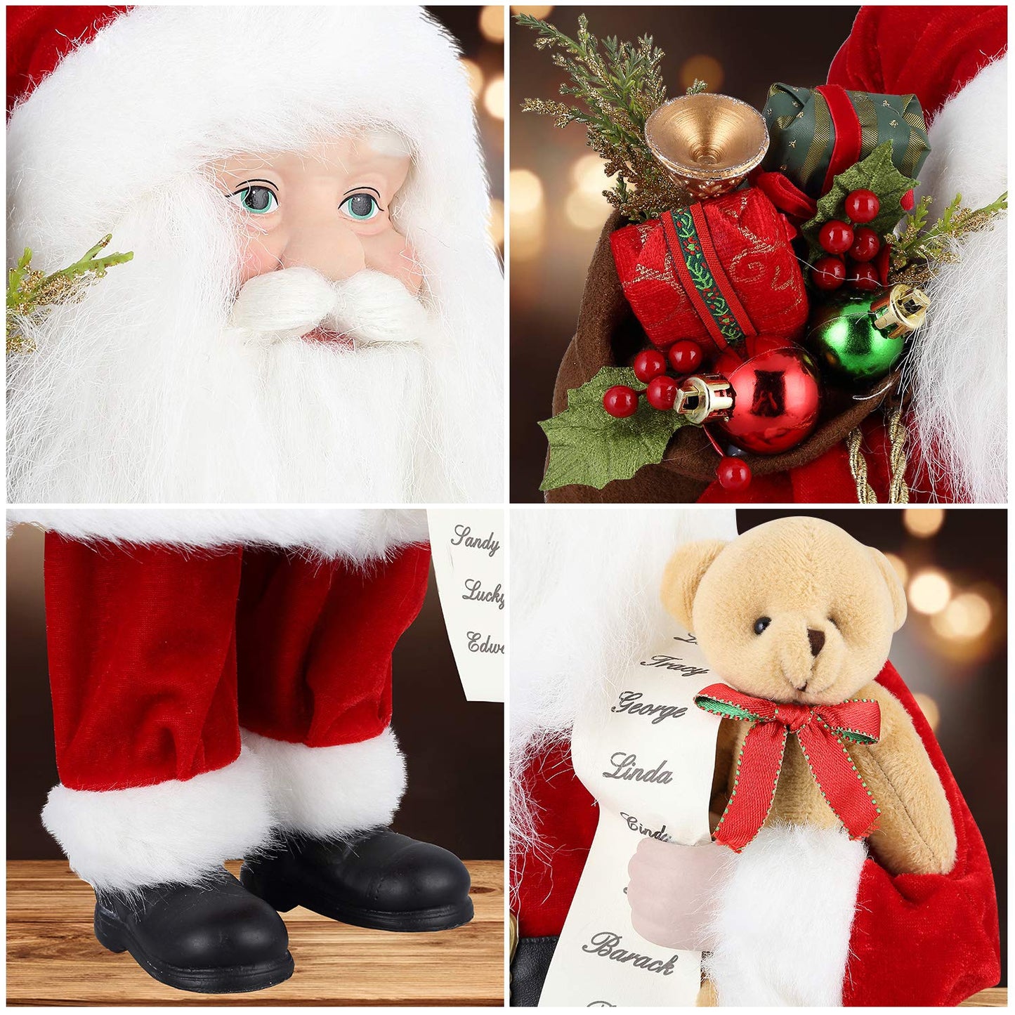 AGM 18" Santa Claus, Christmas Figurine Figure Decor with Good and Bad List and Bear and Gifts Bag for Holiday Party Home Decoration