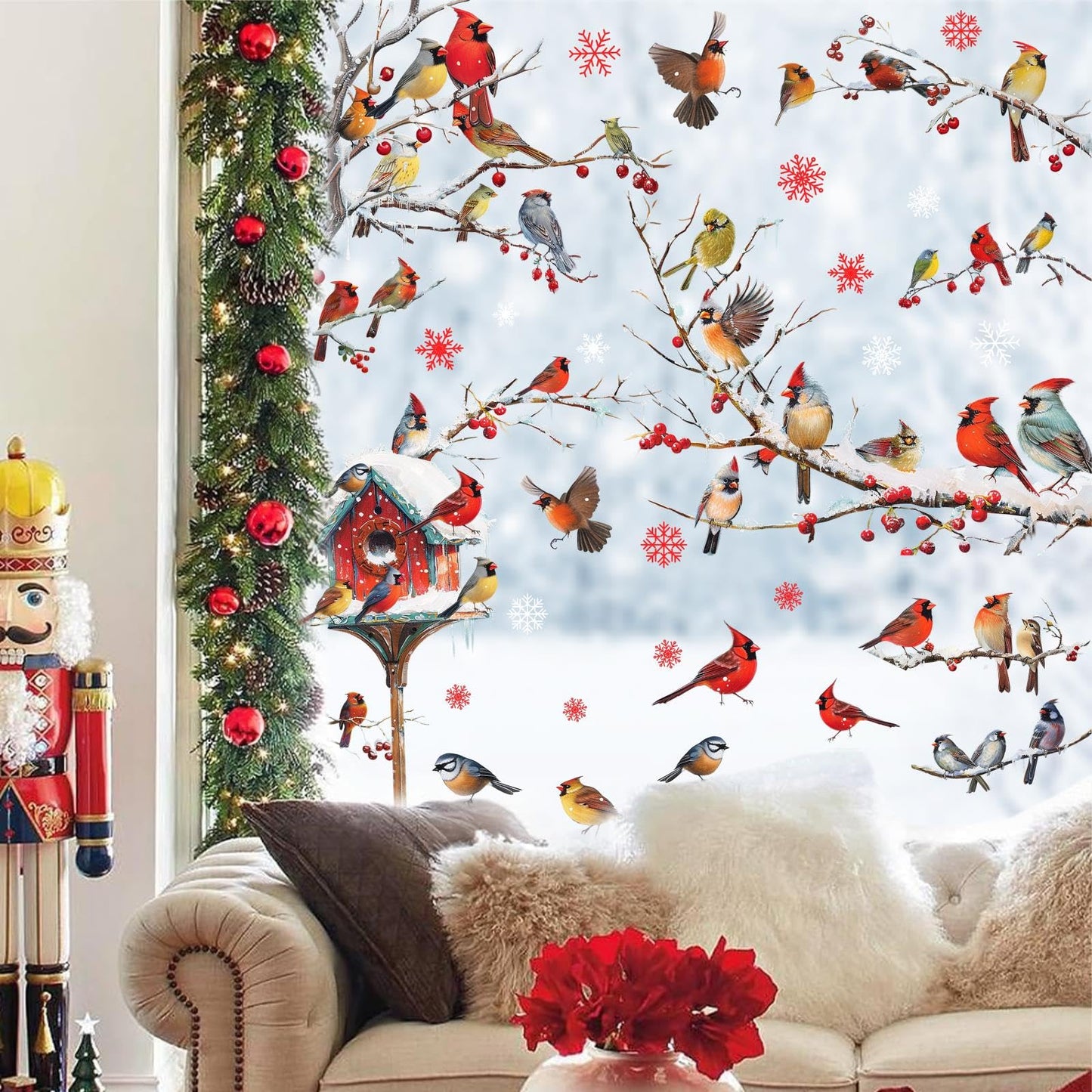 Winter Window Stickers Christmas Window Clings Double-Sided Xmas Sticker for Indoor Outdoor Decor Winter Birds Tree Branch Windows Decals for New Year Christmas Holiday Party Living Room Home Decor