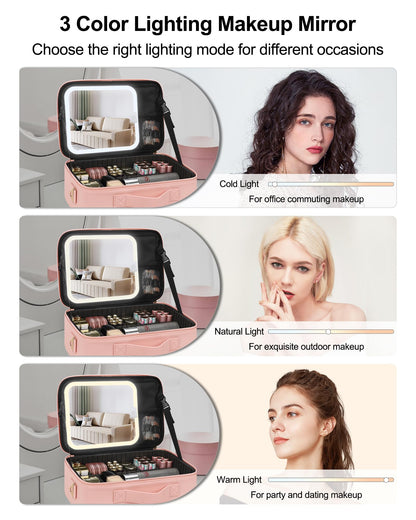 Relavel Travel Makeup Bag With LED Mirror, Cosmetic Train Case with Light up Mirror, Portable Makeup Artist Organizer Bag with Adjustable Dividers, Makeup Brush Holder Storage, Black
