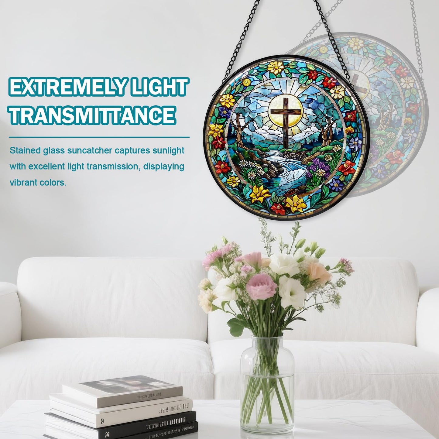 Cross Stained Glass Window Hanging, Wildflower Suncatcher Diamond Glass Panel Hangings, Sun Catchers Indoor Windows Wall Art Decor, Pastor Christian Gift, Christmas Decor for Home Office 7.87 inches