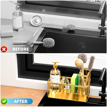 Cisily Kitchen Sink Caddy Organzier with High Brush Holder, Sponge Holder for Sink, 304 Rustproof Stainless, Kitchen Countertop Soap Dispenser Organizer, Kitchen Decor and Accessories