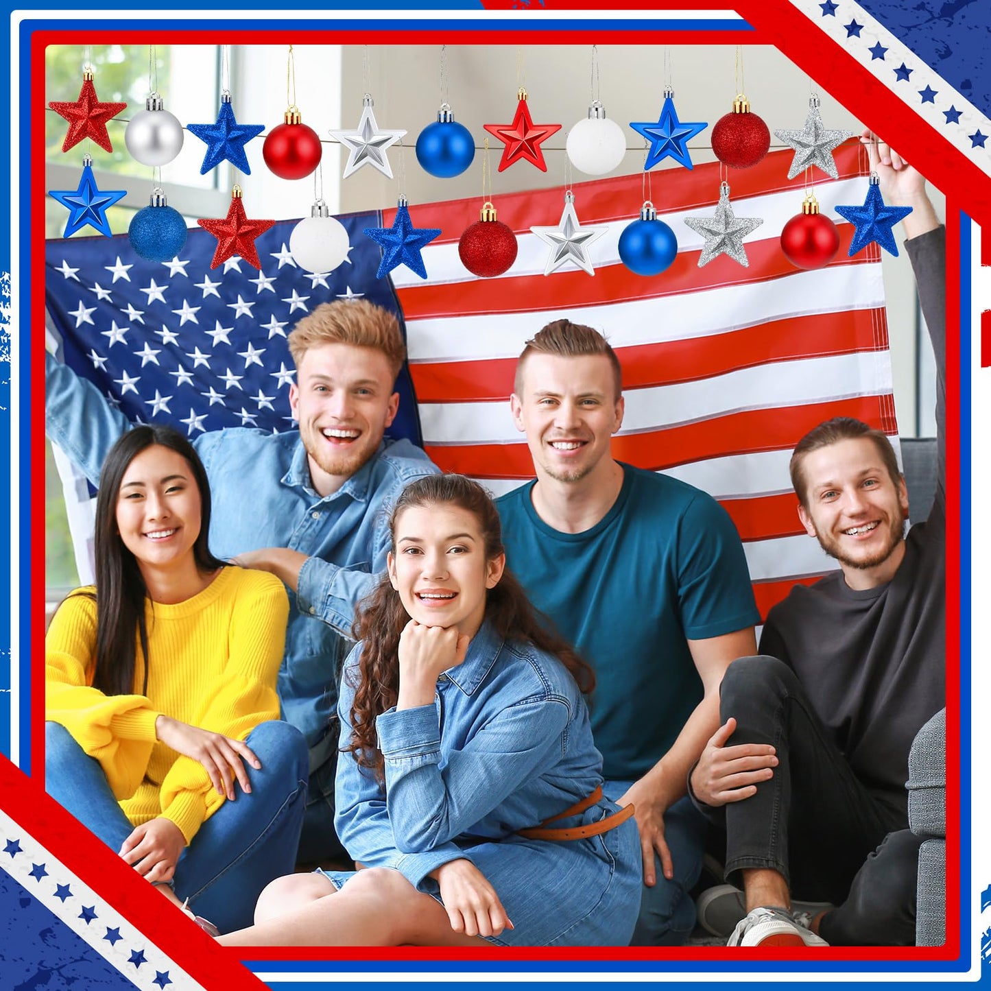 Janinka 60 Pcs Patriotic Star Ornaments 4th of July Hanging Star Balls 250th Anniversary Red White and Blue Stars Balls Ornaments for USA Veteran Independence Day Decor