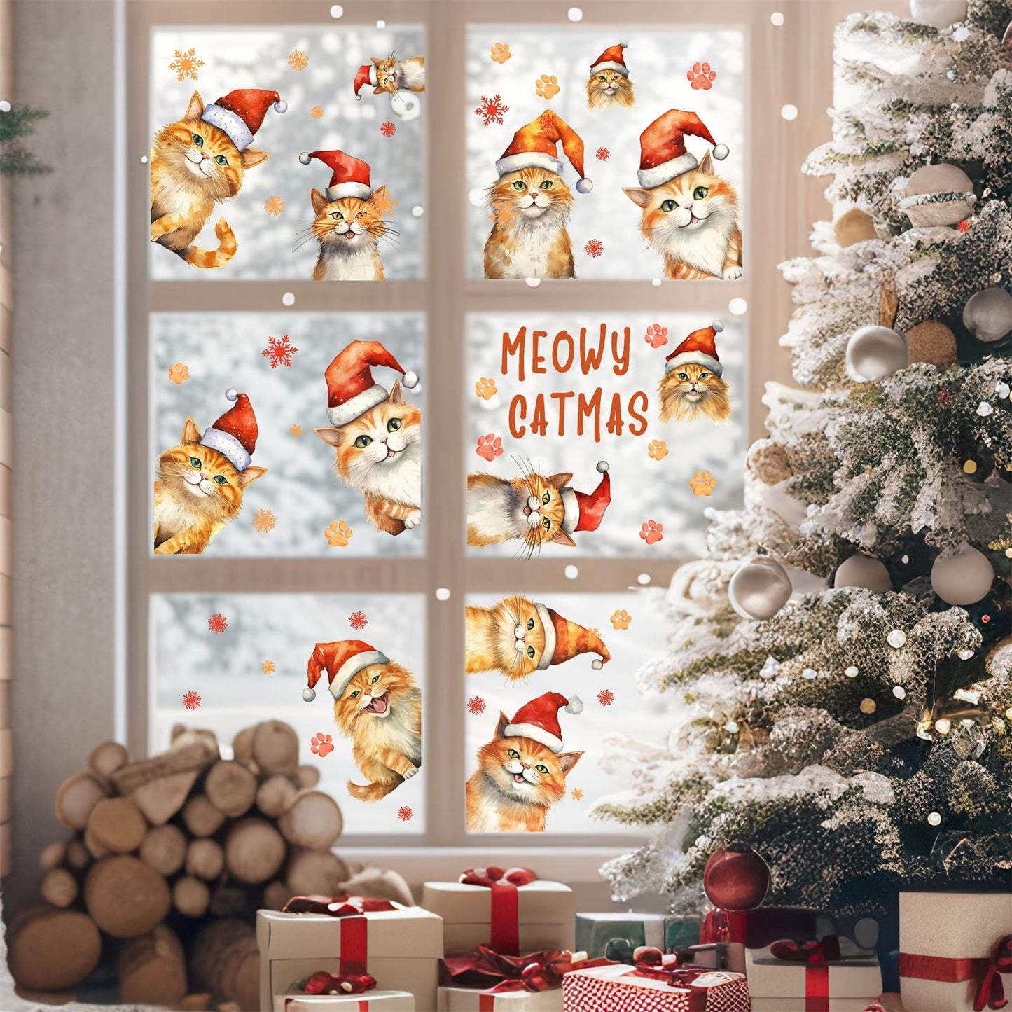 Christmas Window Clings Decoration Indoor Xmas Cat Stickers Double-Sided Merry Christmas Window Decals for Glass Windows Xmas Snowflake Decals for Winter Holiday Kids Bedroom Home Party Supplies