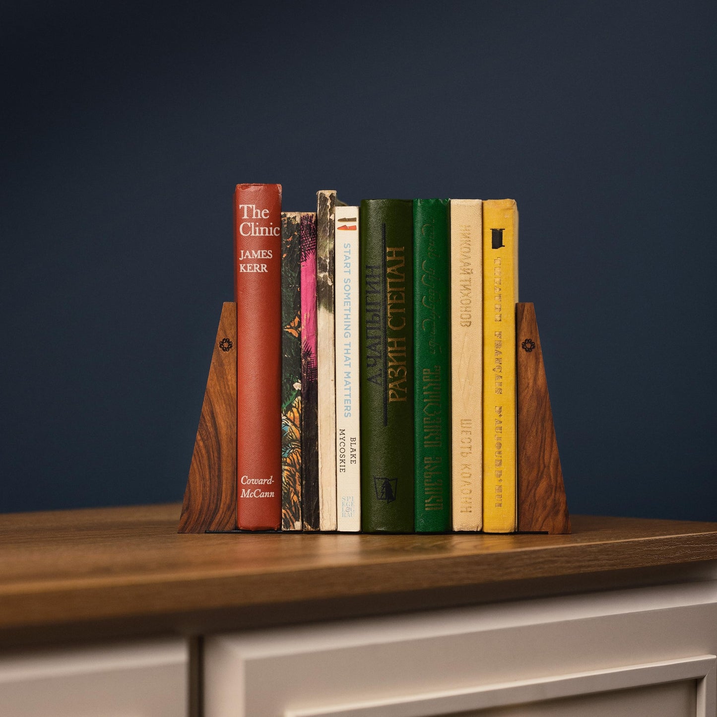TILISMA Walnut Bookends for Shelves | Wooden Book Ends for Shelves | Sturdy Book Holders, Stoppers with Metal Base for Bookshelves | Slick Decorative Bookends Stands Firmly on Bookshelf (Pair)