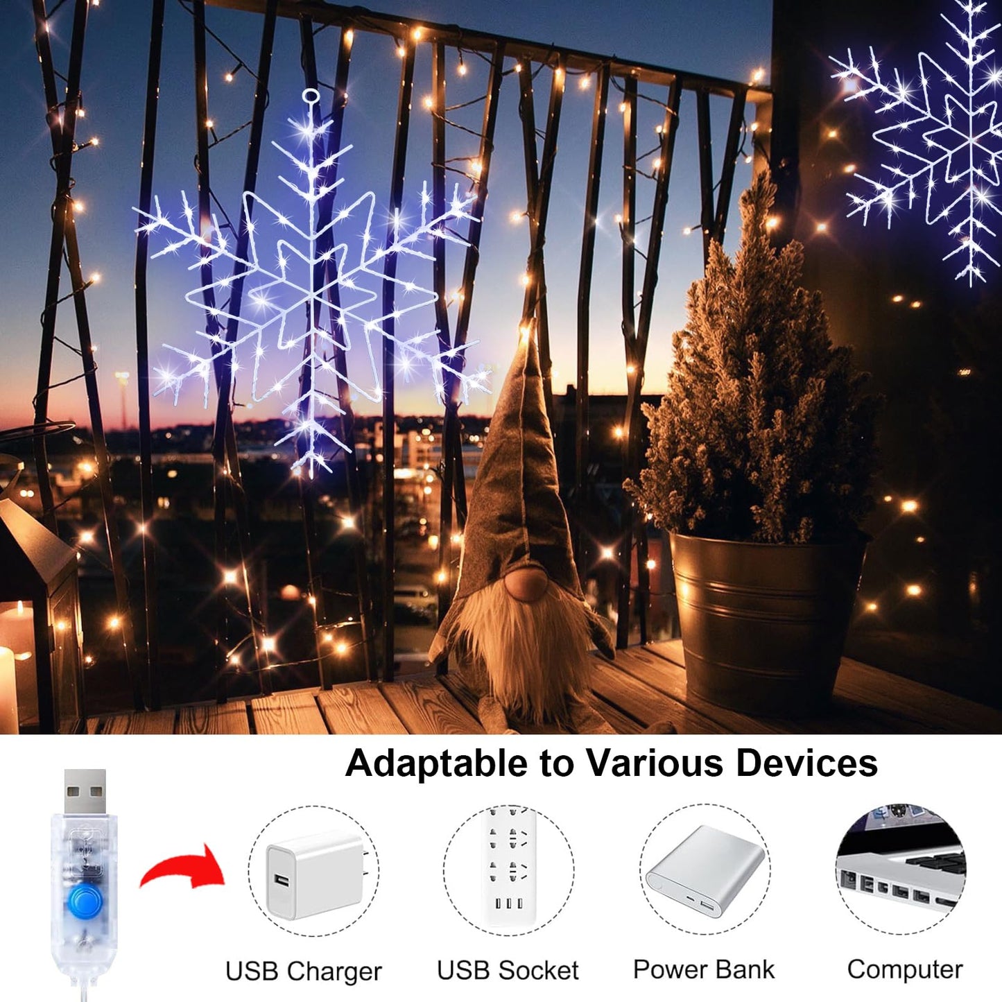 Christmas Window Lights Decorations, 2 Packs 14" Cool White Snowflake Lights with 8 Lighting Modes Remote Control Timer, USB Powered for Home Xmas Party Decor