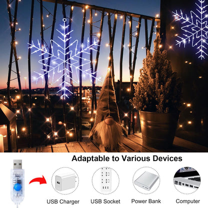 Christmas Window Lights Decorations, 2 Packs 14" Cool White Snowflake Lights with 8 Lighting Modes Remote Control Timer, USB Powered for Home Xmas Party Decor