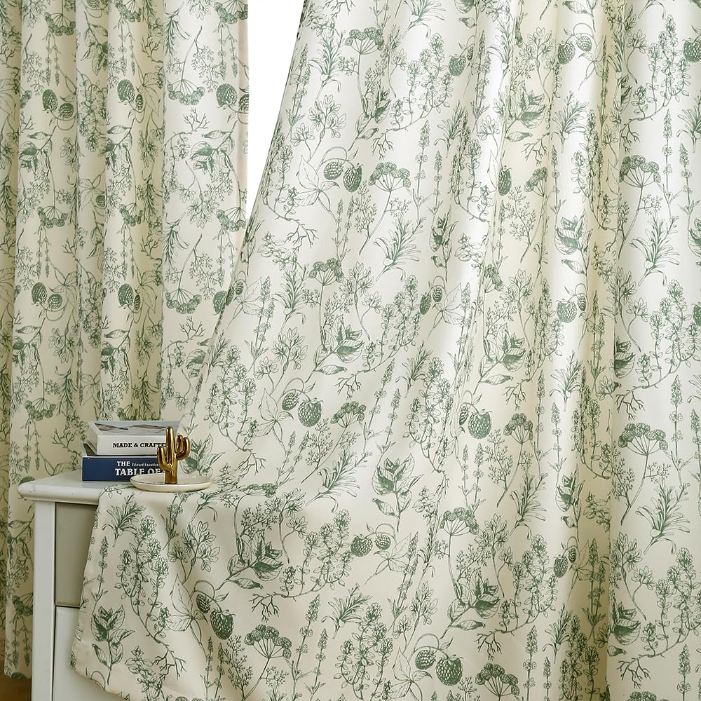 Autum Dream Blackout Curtains 2 Panels Chenille Curtains Drapes for Bedroom Back Tab Rod Pocket Poppy Floral Farmhouse Curtains for Living Room, Patio Doors,Green Floral, 52" W x 63" L