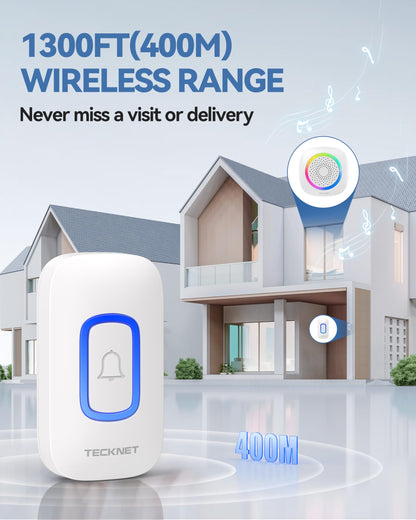 TECKNET Plug-in Wireless Doorbell with RGB Lighting & 1300 Feet Range,IP66 Waterproof Doorbell for Home/Classroom/Office/Business,60 Chimes,5-Level Volume,4.5-Year Battery Life(White)