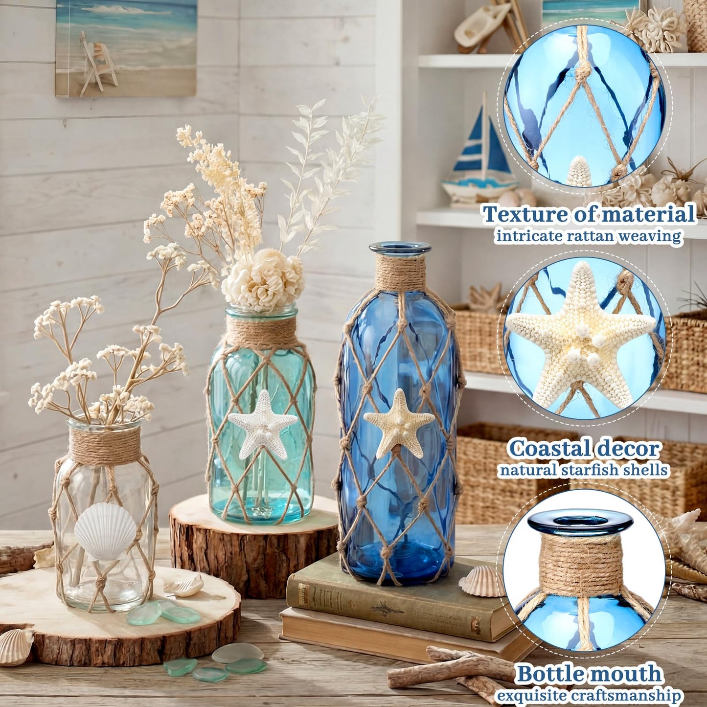 FoldTier Coastal Glass Vases Set of 3 Rustic Beach Vases for Flowers Natural Starfish Shell Jute Rope Sea Glass Bottle Farmhouse Nautical Home Decor for Table Mantel Shelf Living Room Kitchen Bathroom