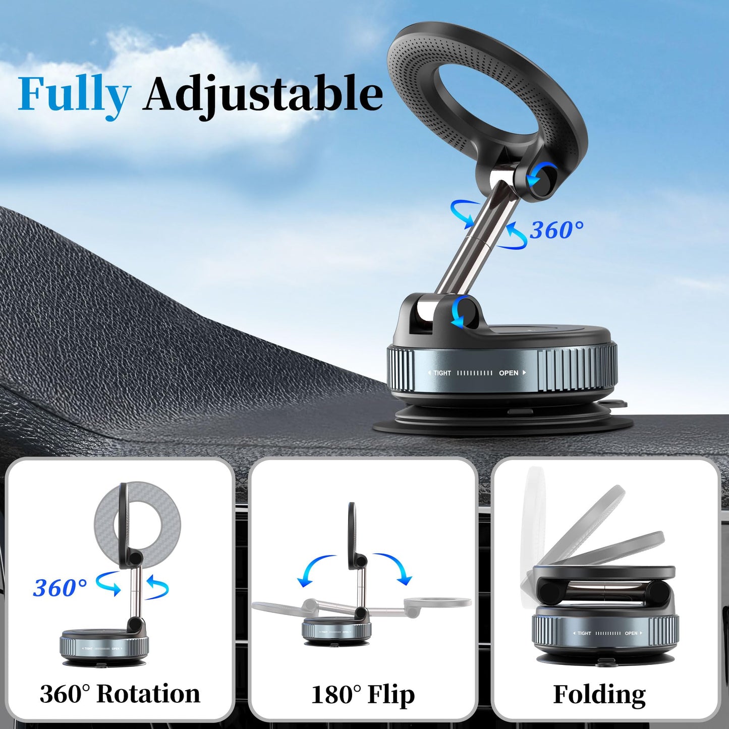 PlusAcc Vacuum Magnetic Phone Holder for Car - Suction Phone Mount 360°Rotatable Foldable Portable Strong Magnet Stand for iPhone17/16/15/14/13/12 Pro/Pro Max on Mirror, Smooth Surface, Windscreens