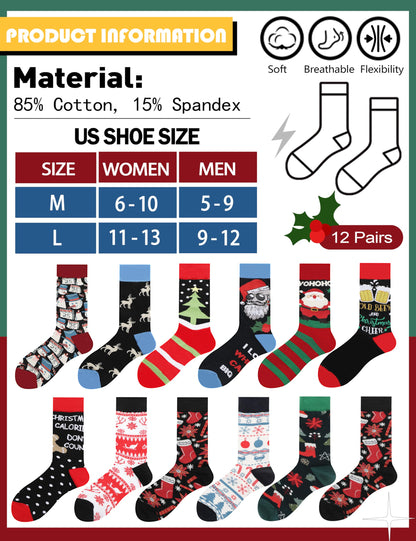 MOGGEI Funny Christmas Socks Fun Cozy Crazy Cute Novelty Fashion Gift Breathable Cotton Boot Socks Stocking Stuffers(Christmas Style(12 Pairs),L)