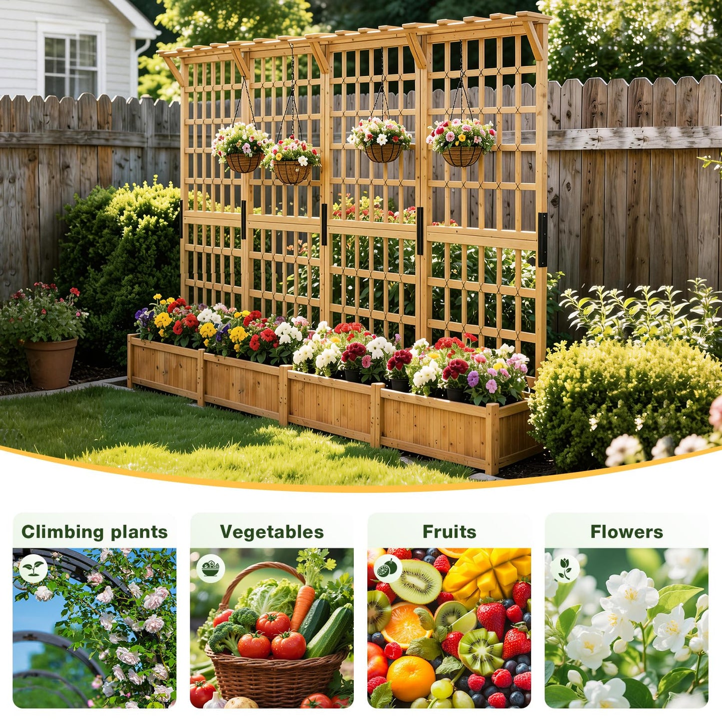 Aoxun 72" Raised Garden Bed with Trellis, Wood Planter Container with Hanging Roof & Garden Boxes for Climbing Plants Flowers Vine (2 piece)