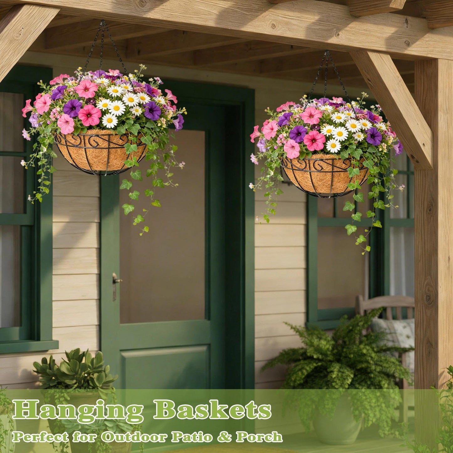 Qusuxi 4 Pack 14 Inch Hanging Baskets for Plants Outdoor Metal Hanging Planter Hanging Flower Baskets with Coco Fiber Liners Chain Round Wire Plant Holder Hangings Flower Pots(Plaid)