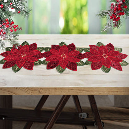OWENIE Christmas Red Table Runner, Embrodered Velvet Fabric Poinsettia Table Runners for Holiday Table Decor, Small Short Table Runner 36 Inches Long, Red, 13 x 36 Inches